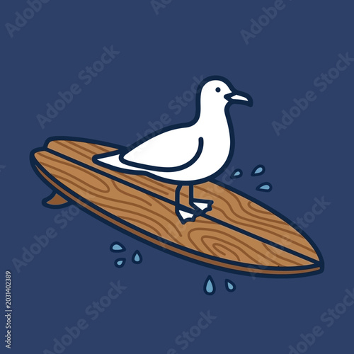 Принти на полотні Seagull standing on brown surfboard.