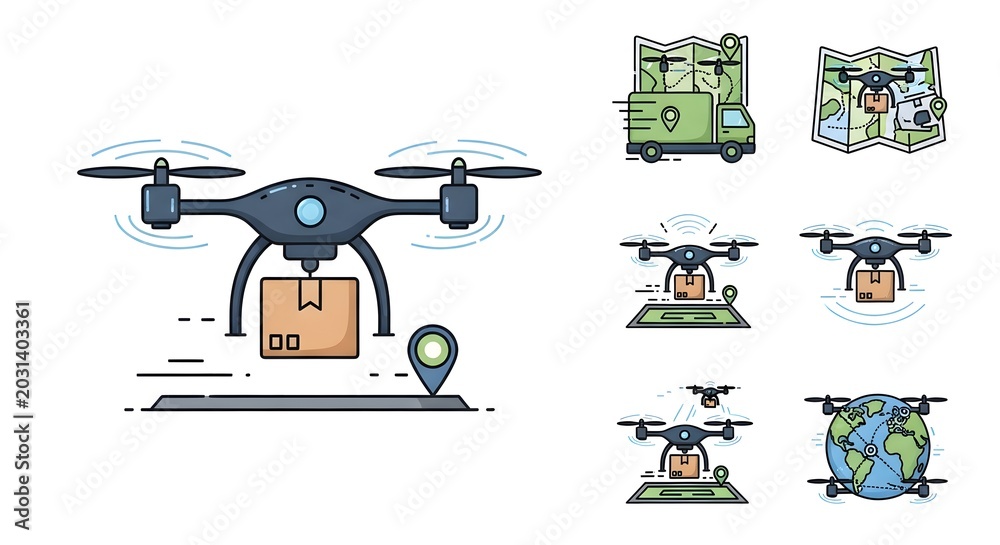 Fototapeta premium Set of Vector Illustrations Featuring Drone Delivery and Logistics