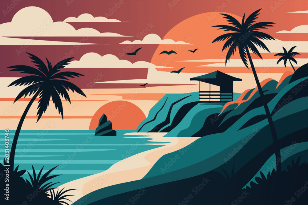 Obraz premium Sunset beach with palm trees and cliffside cabana palm tree tropical