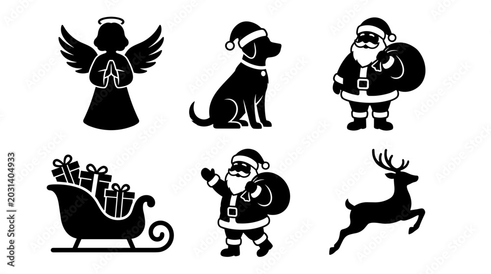 Fototapeta premium Christmas Icons Silhouette Set Featuring Santa Claus Reindeer Angel Dog and Sleigh