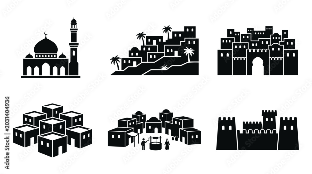 Obraz premium Collection of Middle Eastern village and city silhouette icons