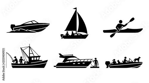 Collection of various boat and watercraft silhouettes for recreational activities