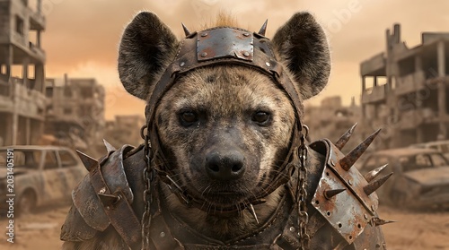 Aggressive Hyena Wearing Spiked Armor in Destroyed City