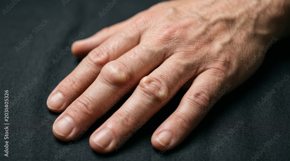 Fototapeta premium There are noticeable, raised, yellowish-flesh-colored nodules or lumps on the knuckles of the fingers, particularly prominent on the middle and ring fingers.