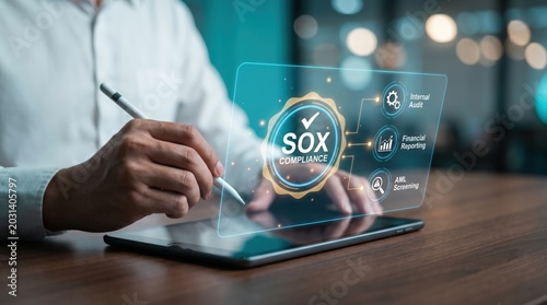 SOX Compliance and Financial Auditing Technology: Professional Hand with Tablet and Holographic Interface for Internal Audit and AML Screening