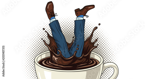 Businessman in a suit falling headfirst into a giant white cup of dark coffee causing a large splash against a halftone background.
