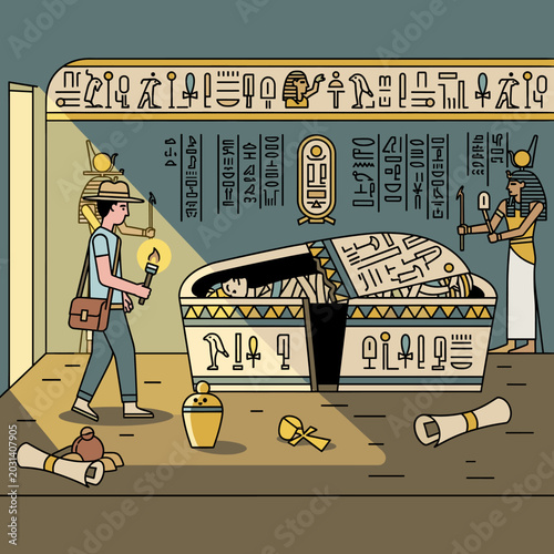 An adventurous explorer discovers an ancient Egyptian tomb with an open sarcophagus, hieroglyphs, and artifacts.
