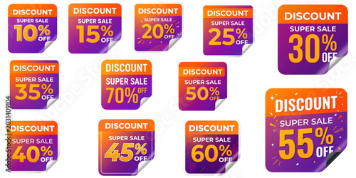 Discount sticker set with 11 super sale labels, orange and purple gradient price tags, promotional percentage badges for retail marketing