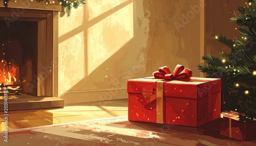Cozy Christmas Morning Scene with Fireplace and Gift.