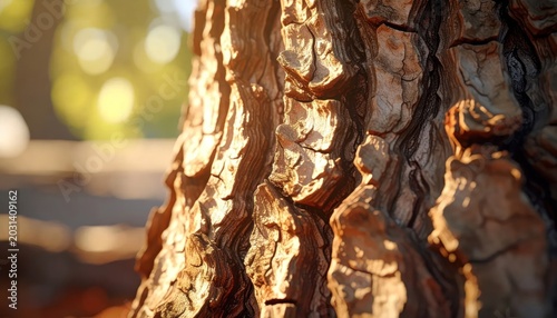 Close-up of Rough Tree Bark Illuminated by Golden Sunlight.