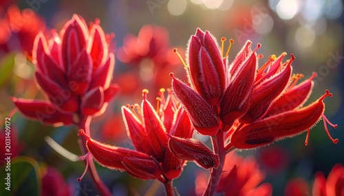 Close-up of Vibrant Red Azalea Flowers in Soft Sunlight.