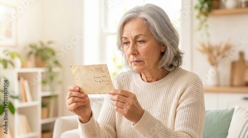Elderly woman holding photograph and reflecting at home on remembrance day