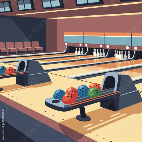 A vibrant illustration of a bowling alley with multiple lanes, colorful bowling balls on racks, and pins set up at the end of the alleys, ready for a game.