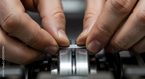 Close up of technician hands measuring metal machine part with feeler gauge
