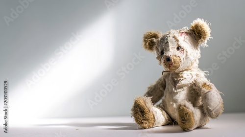 extent. A worn teddy bear with torn seams and exposed stuffing, isolated on a simple background. wildlife magazines, conservation campaigns, designed for eco-tourism storytelling.