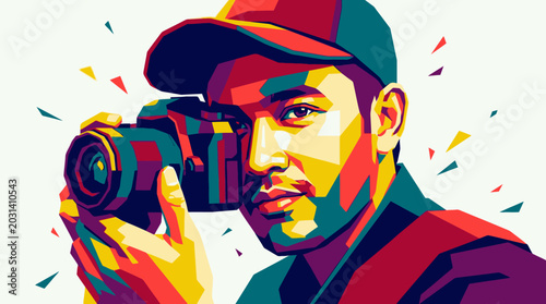 Quadro em tela Man holding professional camera equipment.
