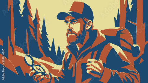Foto Man in outdoor gear holding magnifying glass.