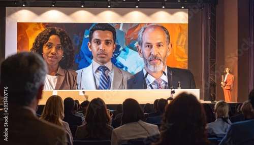 Diverse Panel of Speakers Presenting on a Large Screen at a Conference.