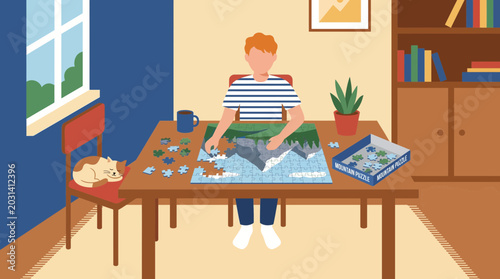 Foto Person assembling puzzle on table at home