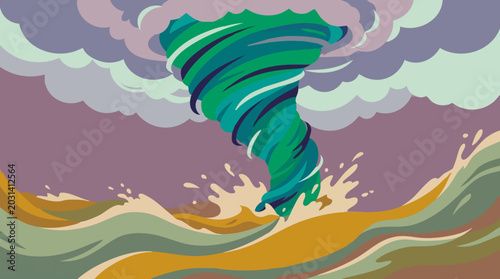 Bilde på lerret Waterspout or tornado over ocean with stormy clouds, stylized illustration