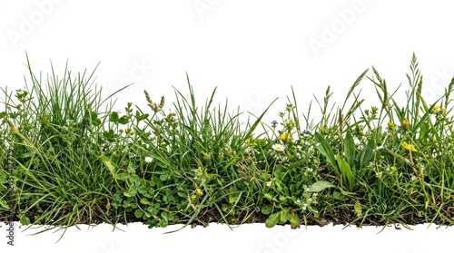 Green grass border isolated on white background, wild meadow plants and weeds, natural lawn edge for landscape design and architectural visualization