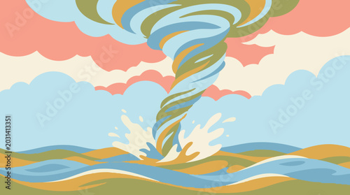 Foto Abstract Colorful Waterspout Illustration Over Wavy Sea with Clouds