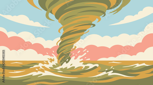 Tableau sur toile Waterspout over the ocean with swirling water and colorful sky illustration