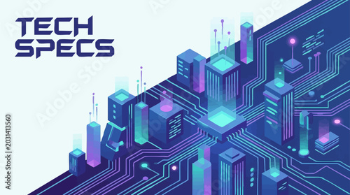Foto Abstract digital tech city background with circuit lines and 'Tech Specs'