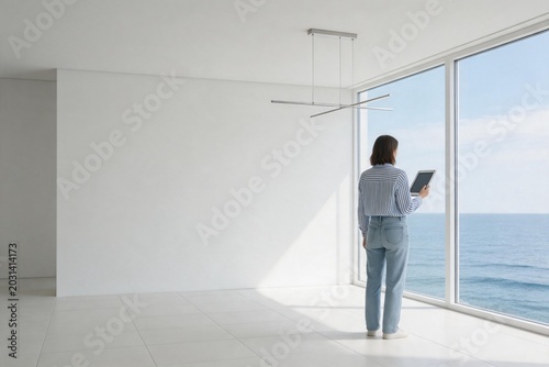 Woman with tablet by ocean view window