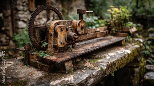 Vintage rusty industrial machinery left to nature's decay outdoors overgrown with moss and plants