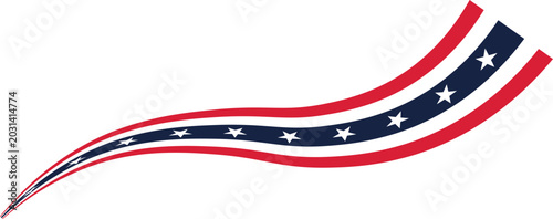 Patriotic USA swoosh ribbon with waving star stripe design and dynamic American flag colors. Creative national banner element for holiday branding, election graphics and festive celebration design pro