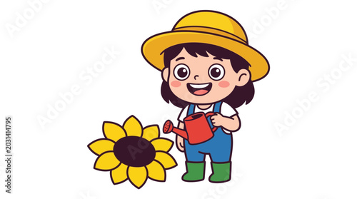 Schilderij op canvas Little girl watering a sunflower.