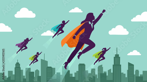 Obraz na płótnie Successful superwomen business leaders flying above city skyline