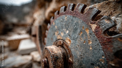 Close up of a rusty circular saw blade on an old industrial machine