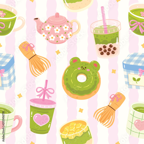 Kawaii Matcha Seamless Pattern Background