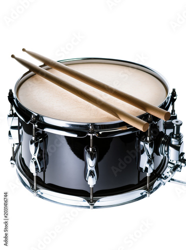 Black snare drum with wooden drumsticks, isolated on transparent background