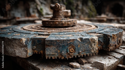 close up of a rusty antique industrial gear mechanism resting on stone blocks in an abandoned