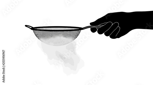 Billede på lærred Hand holding metal strainer with powder.