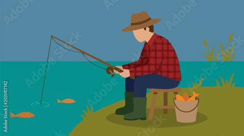 Foto Flat illustration of a man fishing by a lake with caught fish in a bucket