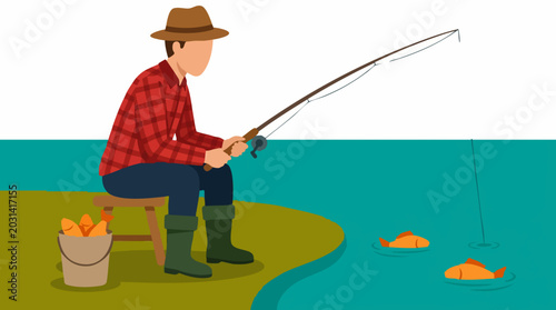 Schilderij op canvas Fisherman with fishing rod sitting by water, bucket with caught fish