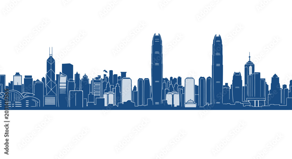 Fototapeta premium Blue Skyline Silhouette of Modern Cityscape with Tall Skyscrapers and Buildings