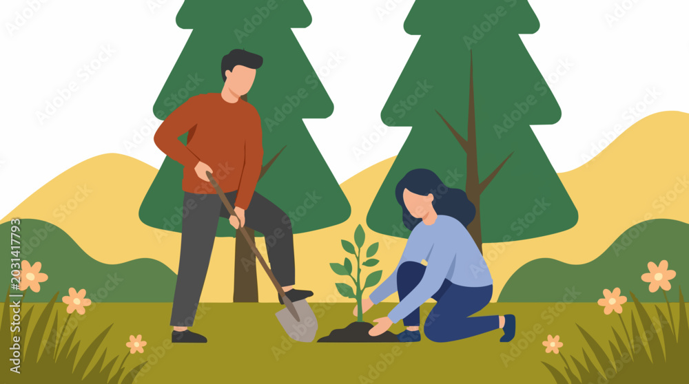 Naklejka premium Man and Woman Planting a Tree Together for Environmental Conservation