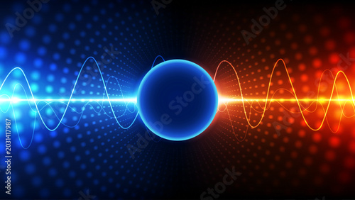 Futuristic Dual-Energy Soundwave Sphere: Glowing Audio Wave Frequency on Blue and Orange Abstract Background