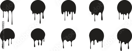 Abstract paint drip icon collection with grunge monochrome ink splashes and liquid dripping stain effects. Creative graffiti blot elements for urban branding, street art graphics and edgy design 