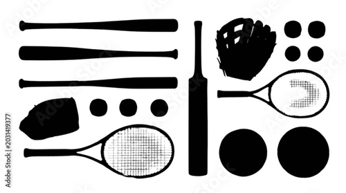 Tableau sur toile Black silhouettes of tennis rackets and balls isolated on transparent background