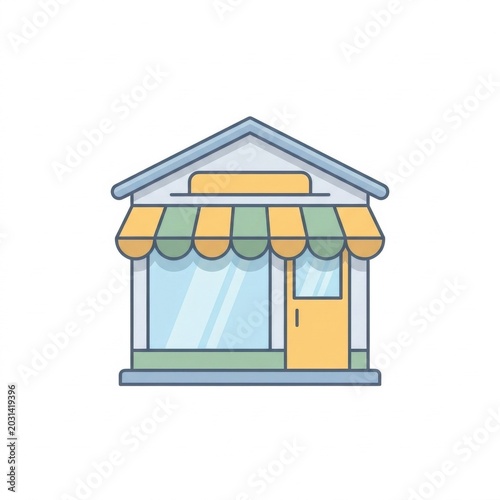 Flat vector illustration of a store front with a striped awning