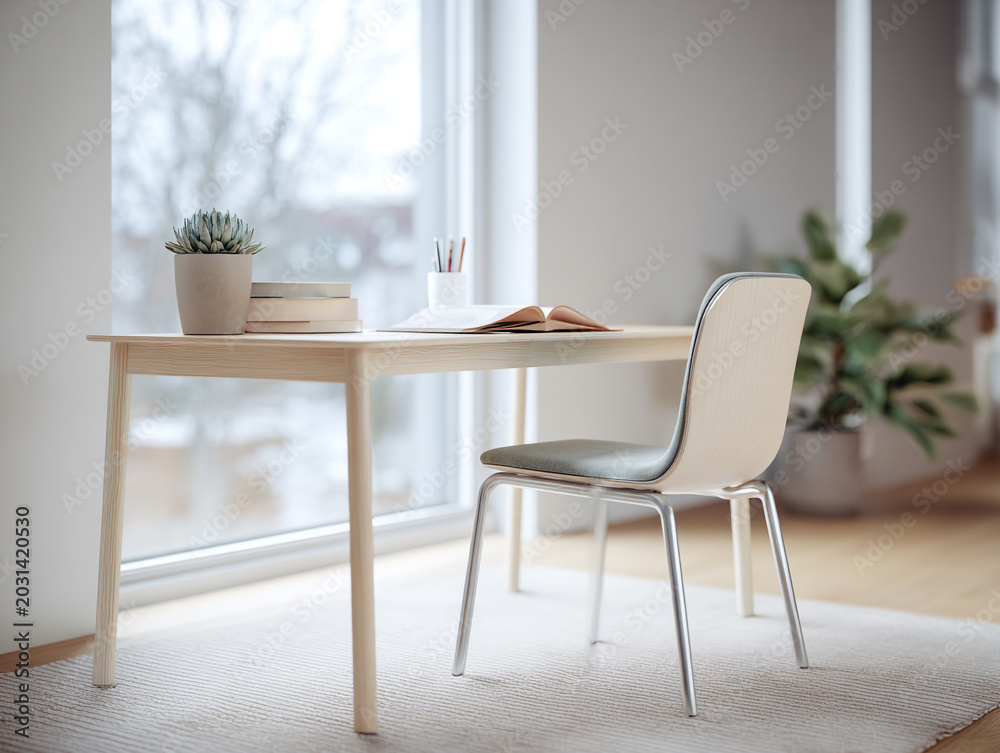 Fototapeta premium Minimalist home workspace with a light wood desk and modern chair