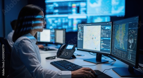 Professional woman working in a high-tech security operations center with multiple monitors displaying data