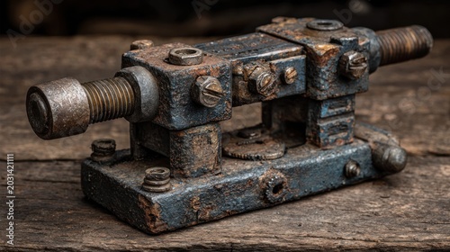 A vintage rusted mechanical device with intricate details sits on a wooden surface
