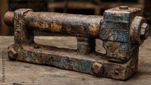 Rusted Heavy Duty Industrial Metal Component With Textured Surface And Wooden Background